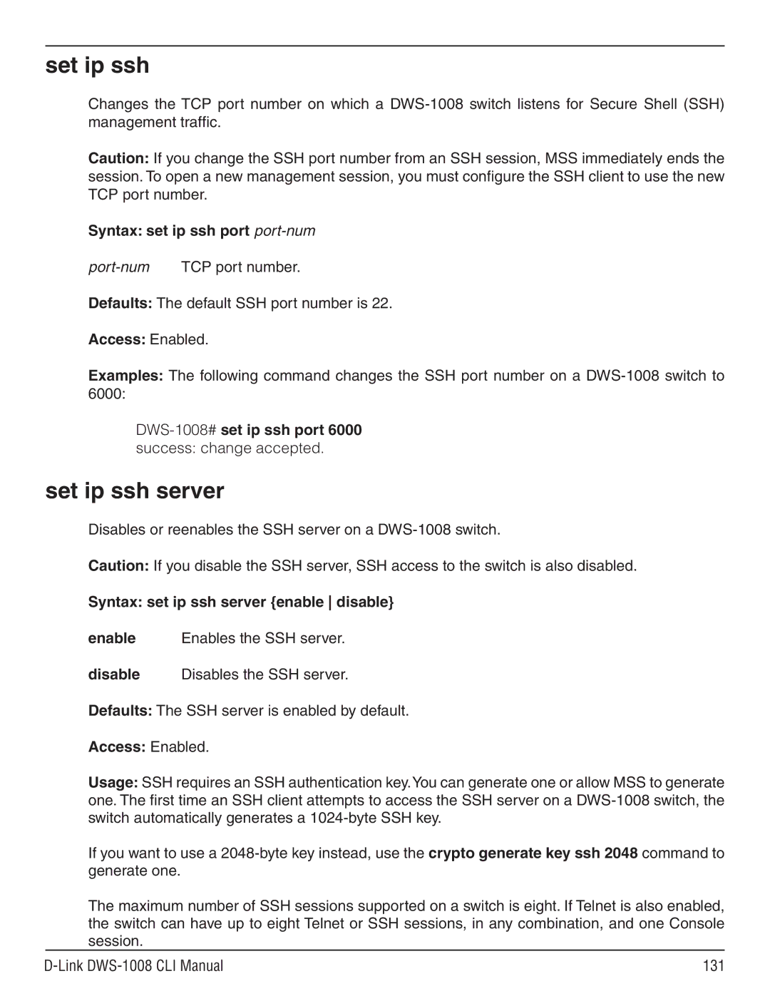 D-Link dws-1008 manual Set ip ssh, Disables or reenables the SSH server on a DWS-1008 switch 