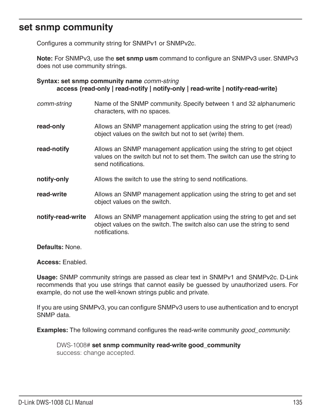 D-Link dws-1008 manual Set snmp community 