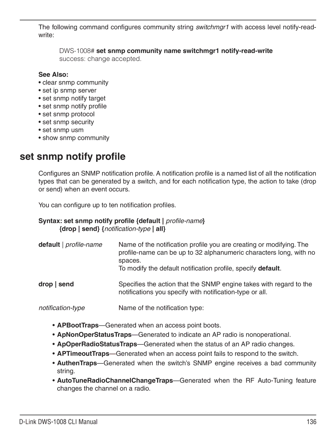 D-Link dws-1008 manual Spaces, To modify the default notification profile, specify default, Notification-type 