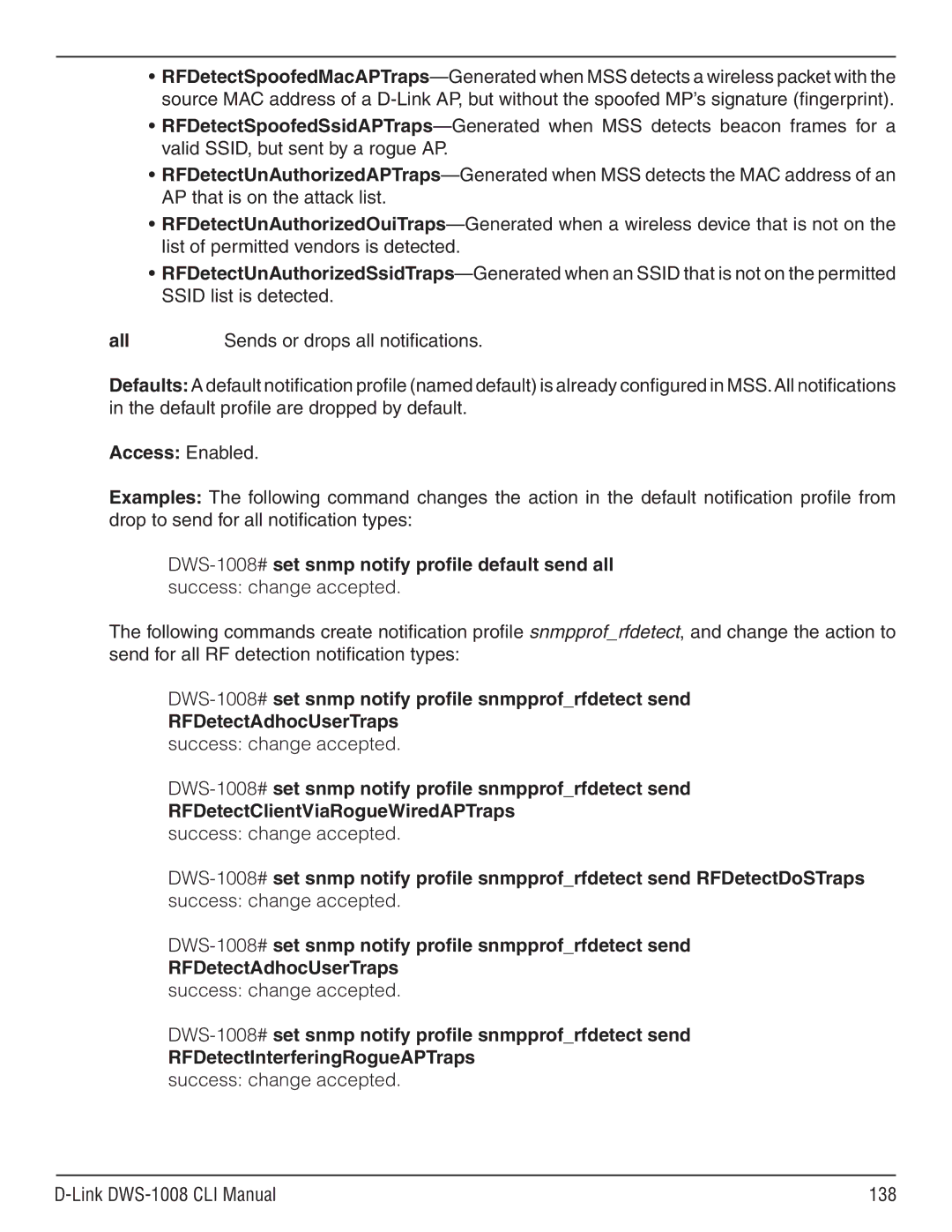 D-Link dws-1008 manual Sends or drops all notifications, RFDetectAdhocUserTraps success change accepted 