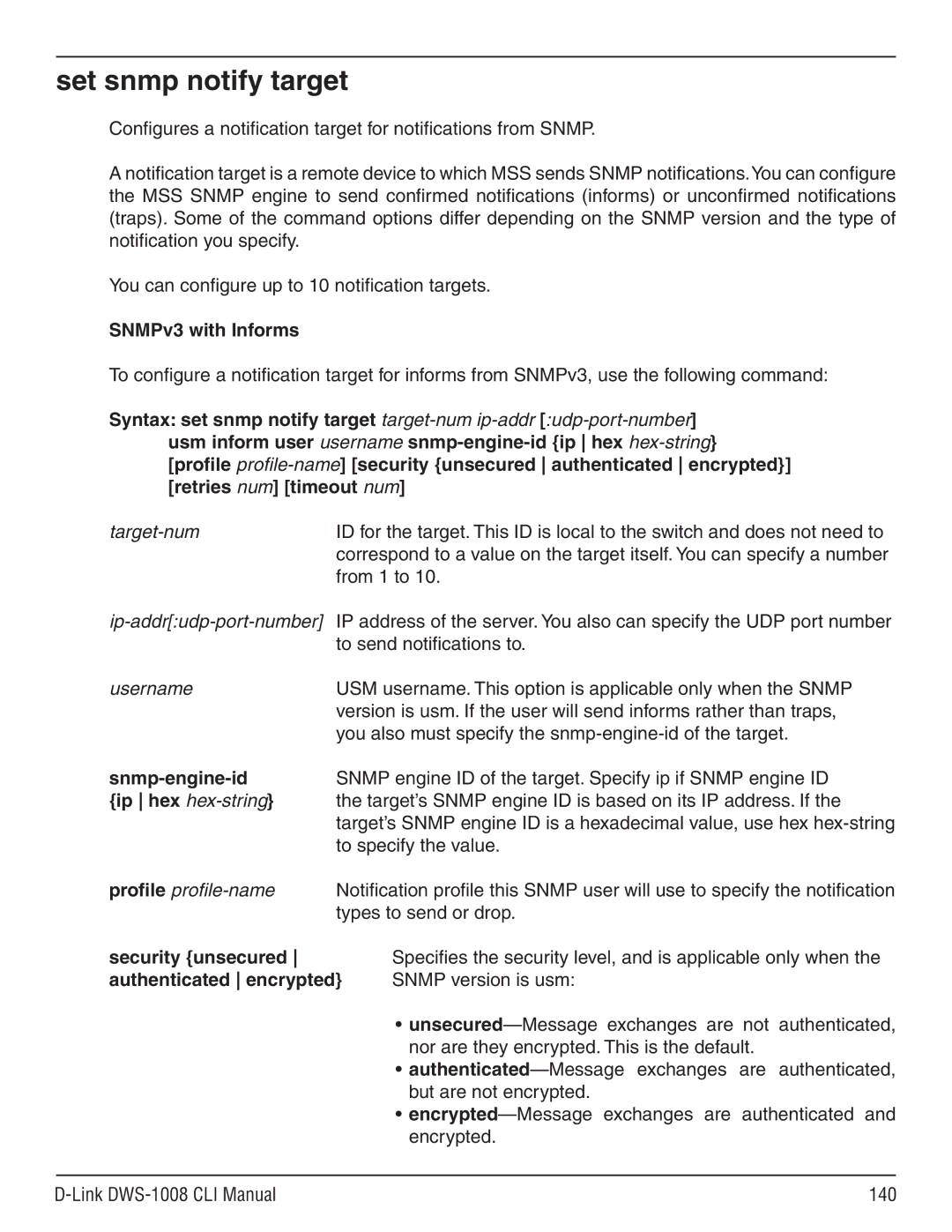 D-Link dws-1008 manual Snmp-engine-id, Ip hex hex-string, Security unsecured, Authenticated encrypted 