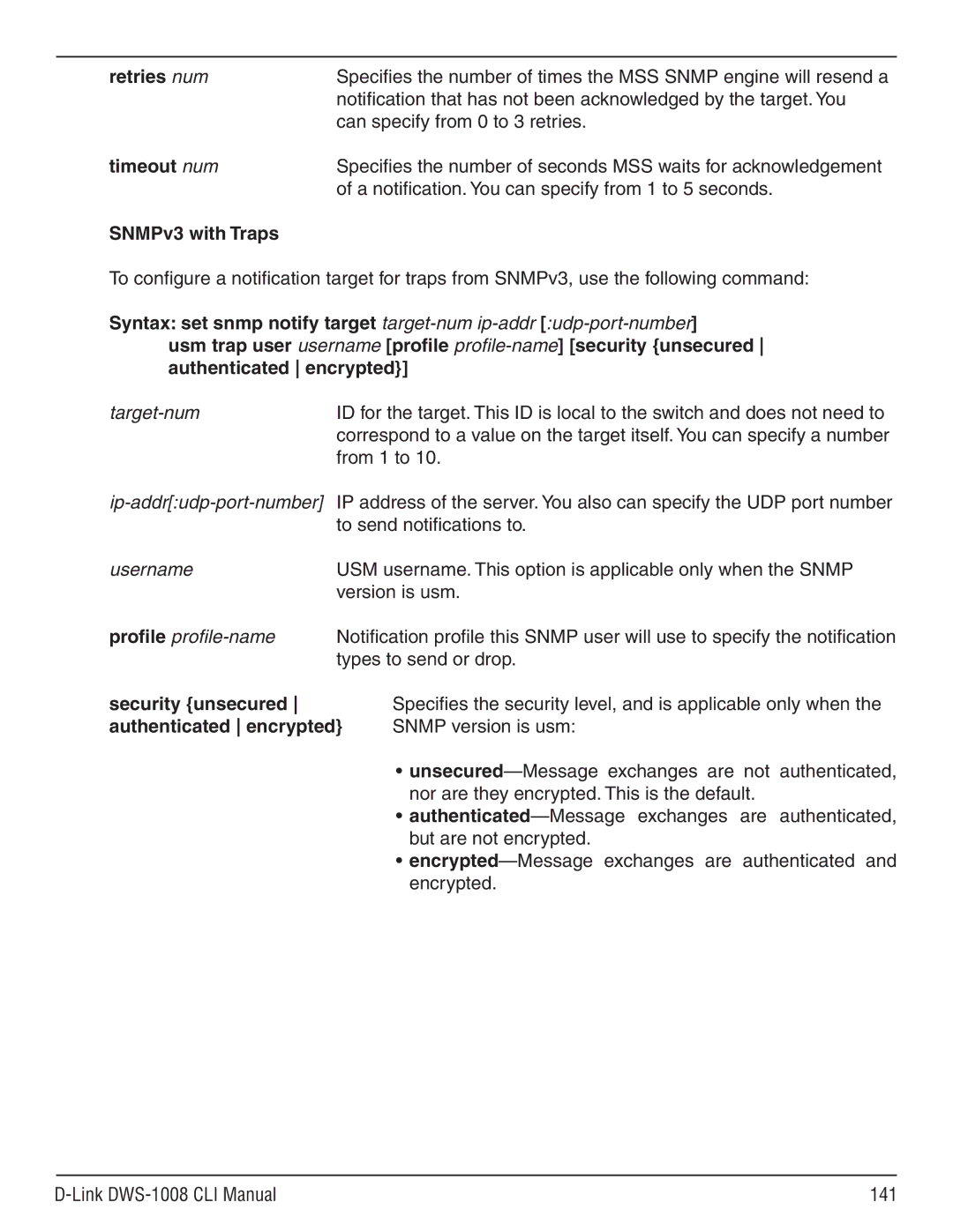 D-Link dws-1008 manual Retries num, SNMPv3 with Traps 