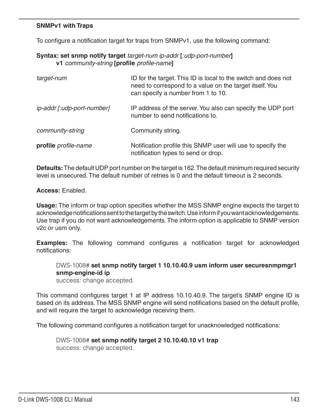 D-Link dws-1008 manual SNMPv1 with Traps, Access Enabled 