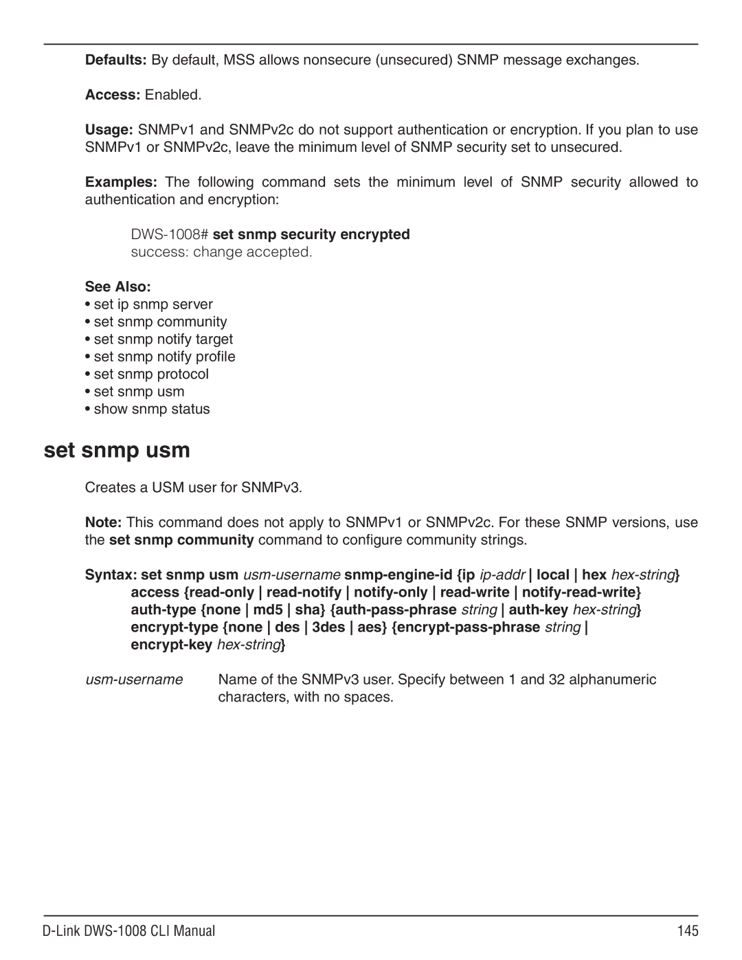 D-Link dws-1008 manual Set snmp usm 