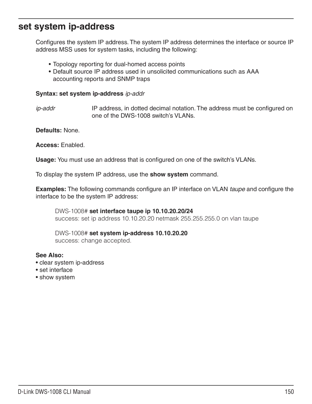 D-Link dws-1008 manual Set system ip-address 