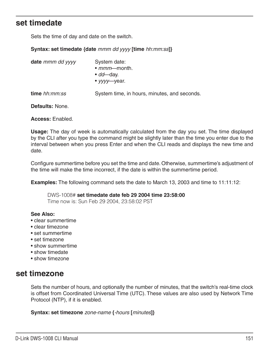 D-Link dws-1008 manual Sets the time of day and date on the switch, Link DWS-1008 CLI Manual 151 