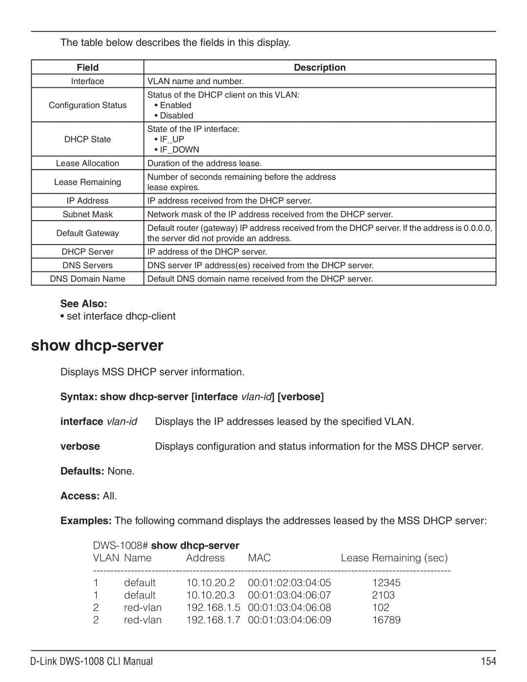 D-Link dws-1008 manual Set interface dhcp-client, Link DWS-1008 CLI Manual 154 