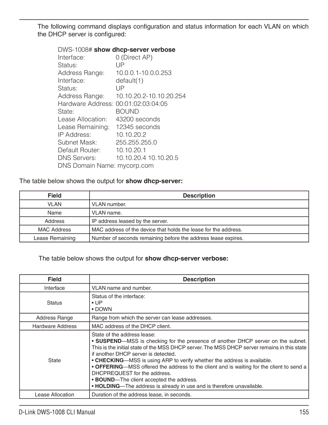 D-Link dws-1008 manual Table below shows the output for show dhcp-server verbose, Link DWS-1008 CLI Manual 155 