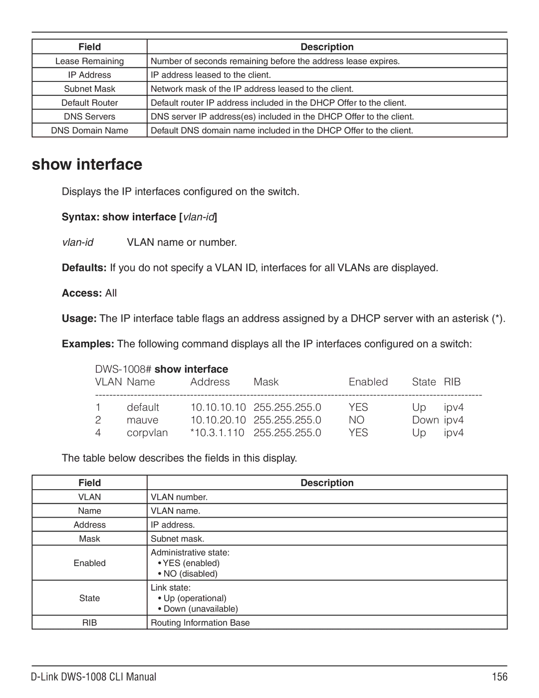 D-Link dws-1008 manual DWS-1008# show interface, Yes, Ipv4, Link DWS-1008 CLI Manual 156 