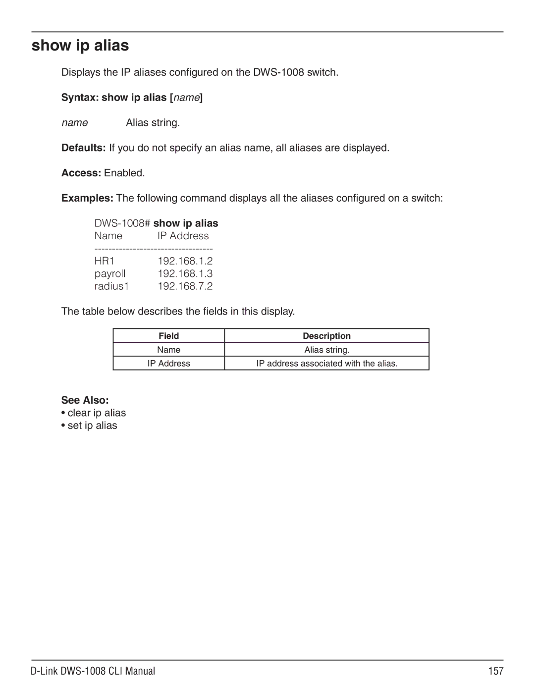 D-Link dws-1008 manual Show ip alias, Syntax show ip alias name, Name Alias string, DWS-1008#show ip alias, HR1 