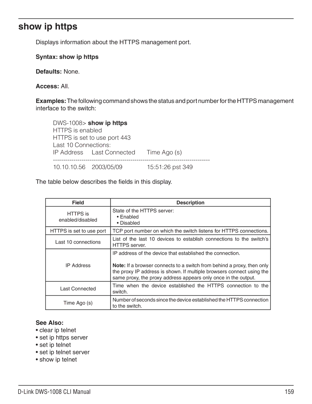 D-Link dws-1008 manual Show ip https, Displays information about the Https management port, DWS-1008 show ip https 