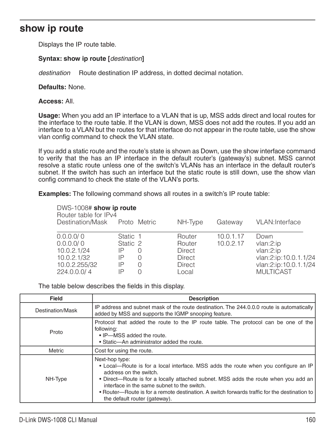 D-Link dws-1008 manual Show ip route, Syntax show ip route destination, DWS-1008# show ip route, Multicast 