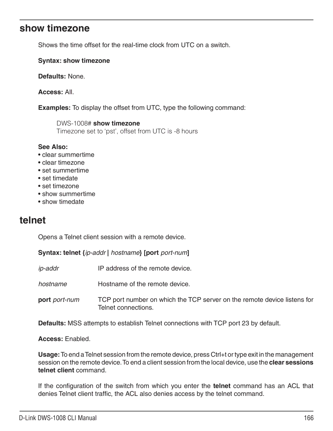 D-Link dws-1008 manual Show timezone, Telnet, Syntax show timezone Defaults None Access All, DWS-1008#show timezone 