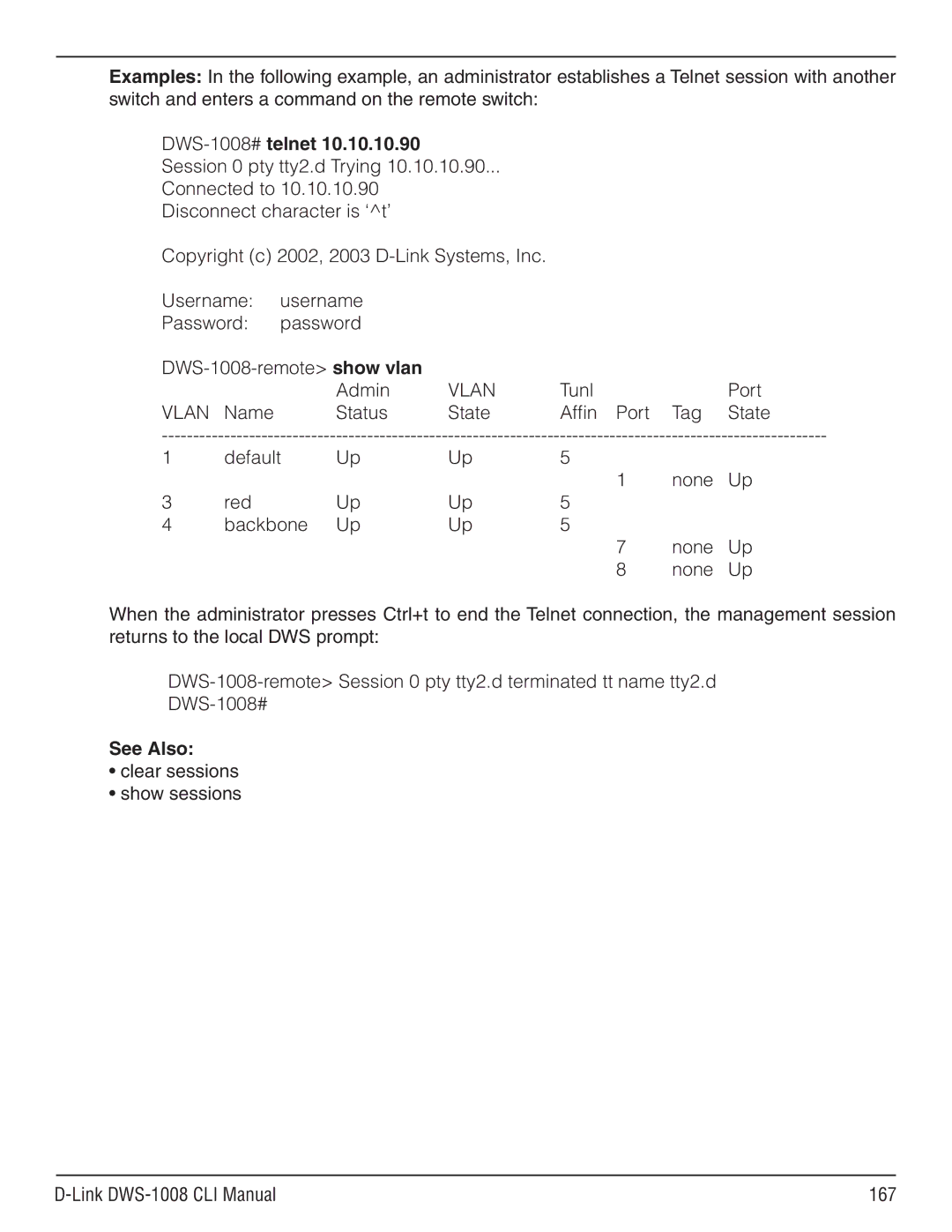 D-Link dws-1008 manual DWS-1008#telnet, Clear sessions Show sessions Link DWS-1008 CLI Manual 167 