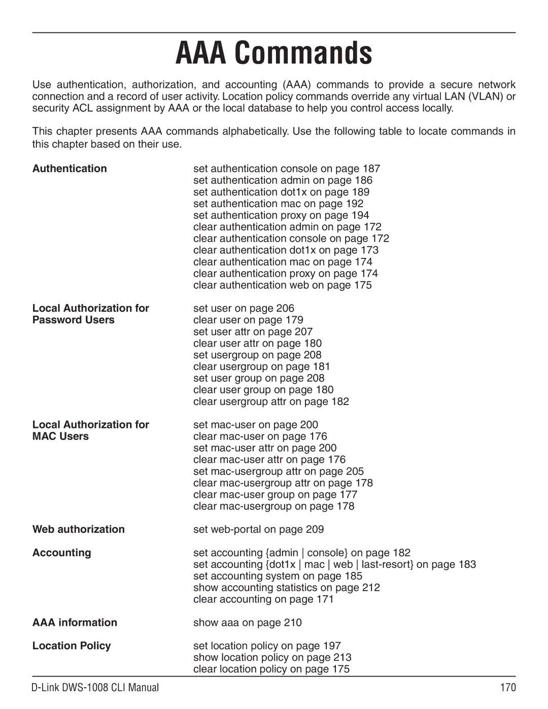 D-Link dws-1008 manual Authentication, Local Authorization for, Password Users, MAC Users, Web authorization, Accounting 