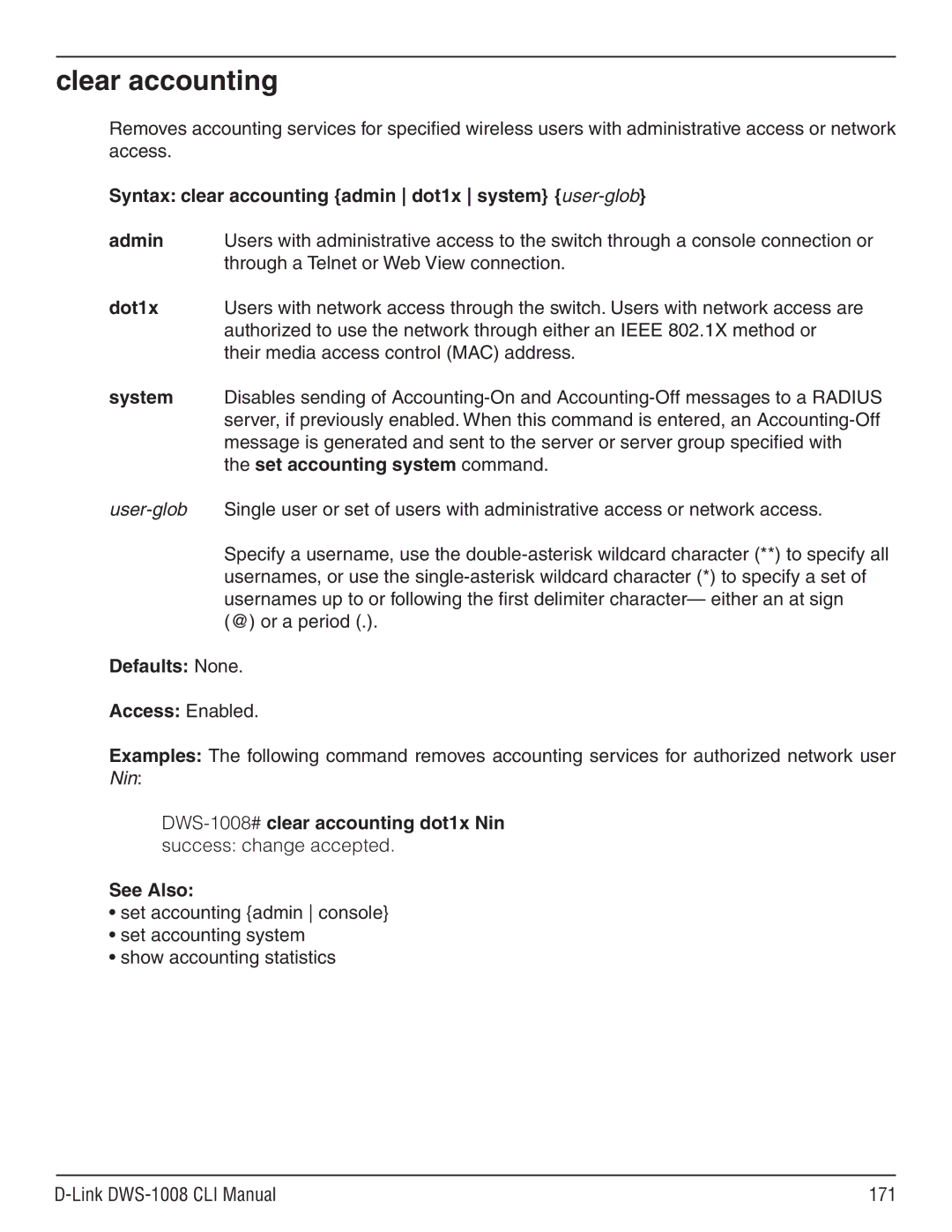 D-Link dws-1008 manual Clear accounting, User-glob 