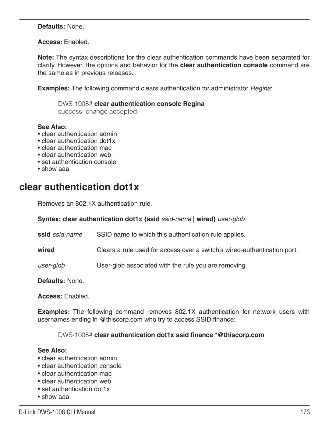D-Link dws-1008 manual Clear authentication dot1x, DWS-1008#clear authentication console Regina, Wired 
