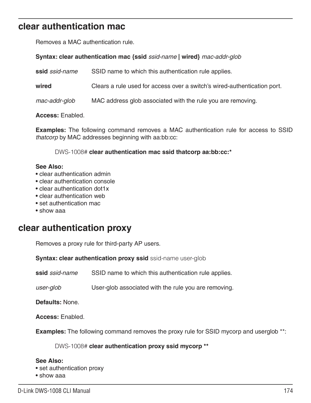 D-Link dws-1008 manual Clear authentication mac, Clear authentication proxy, Removes a MAC authentication rule 