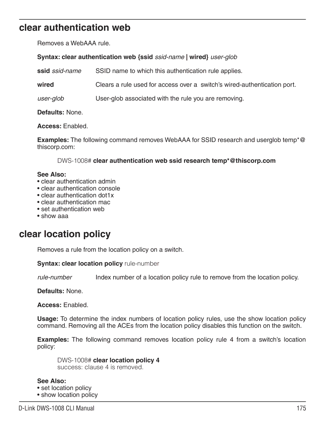 D-Link dws-1008 manual Clear authentication web, Clear location policy, Removes a WebAAA rule 