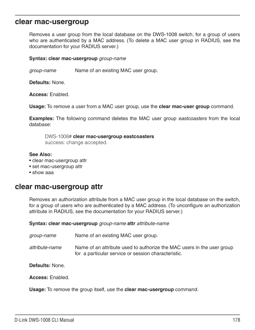 D-Link dws-1008 manual Clear mac-usergroup attr, Syntax clear mac-usergroup group-name 