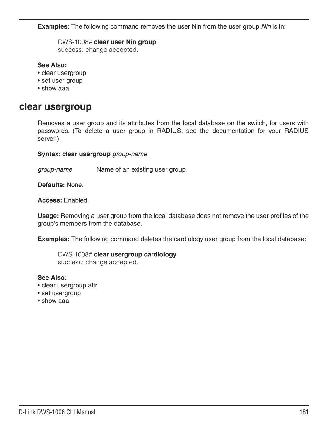 D-Link dws-1008 manual Clear usergroup Set user group Show aaa, Syntax clear usergroup group-name 