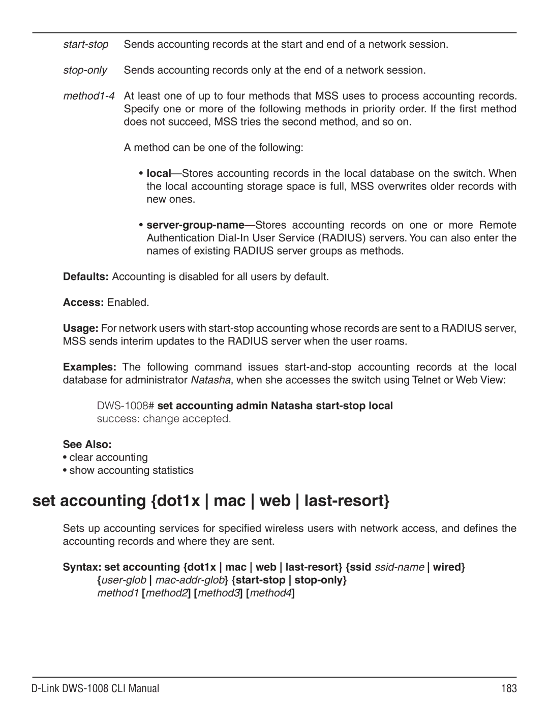 D-Link dws-1008 manual Set accounting dot1x mac web last-resort, Clear accounting Show accounting statistics 