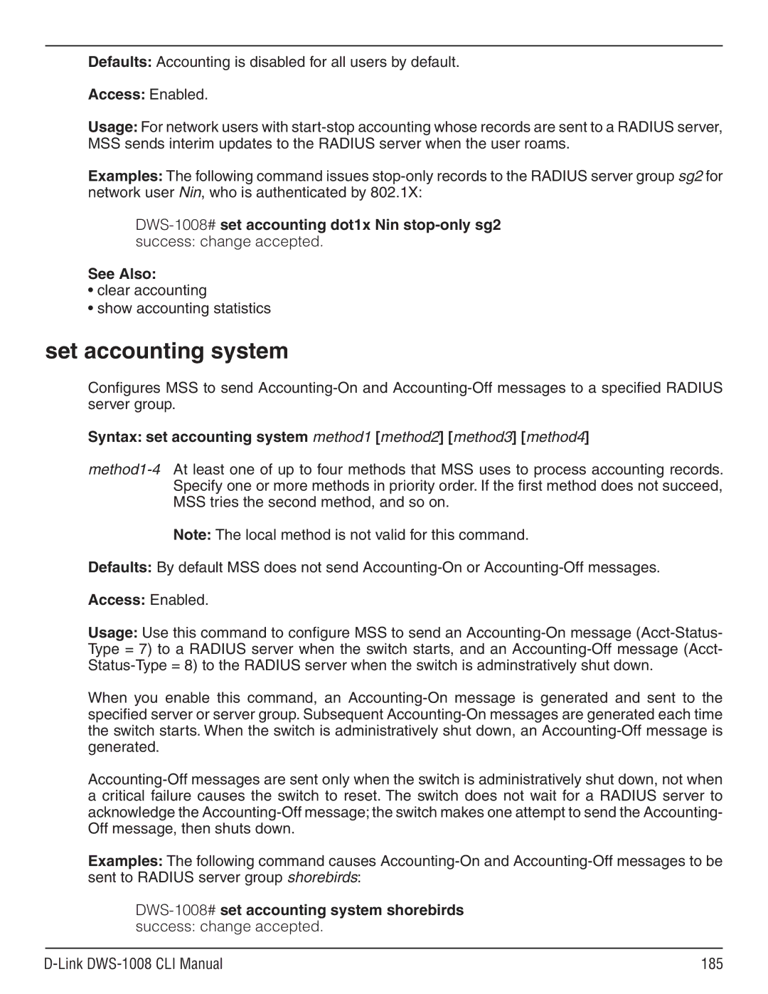 D-Link dws-1008 manual Set accounting system, Syntax set accounting system method1 method2 method3 method4 