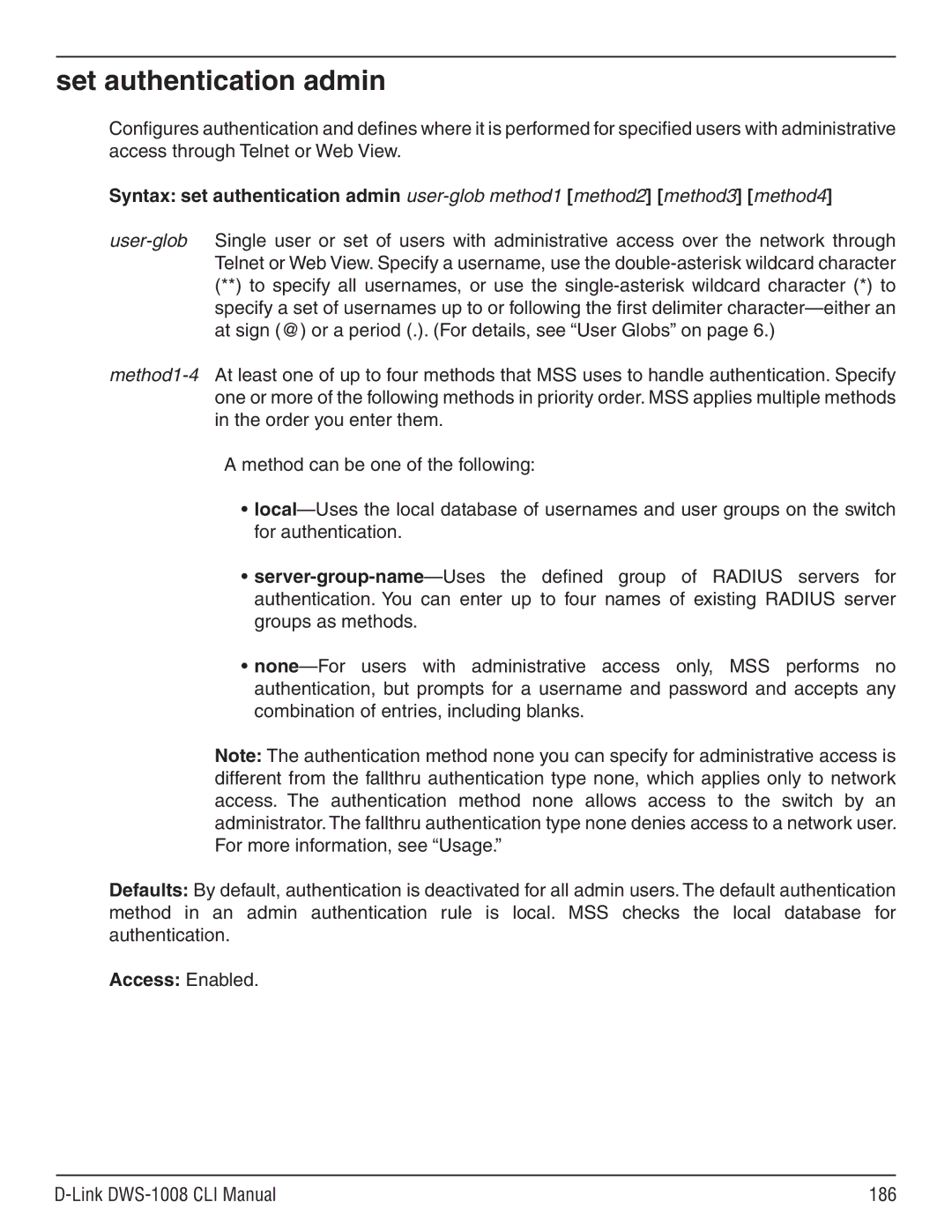 D-Link dws-1008 manual Set authentication admin, Link DWS-1008 CLI Manual 186 