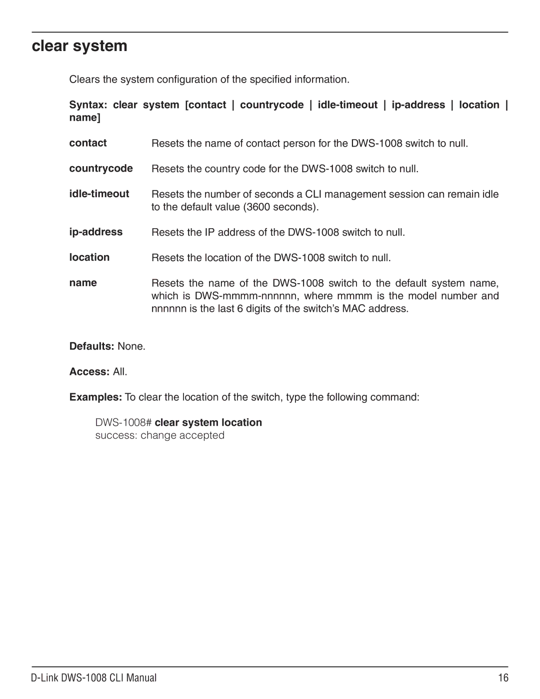 D-Link dws-1008 manual Clear system, Clears the system configuration of the specified information 