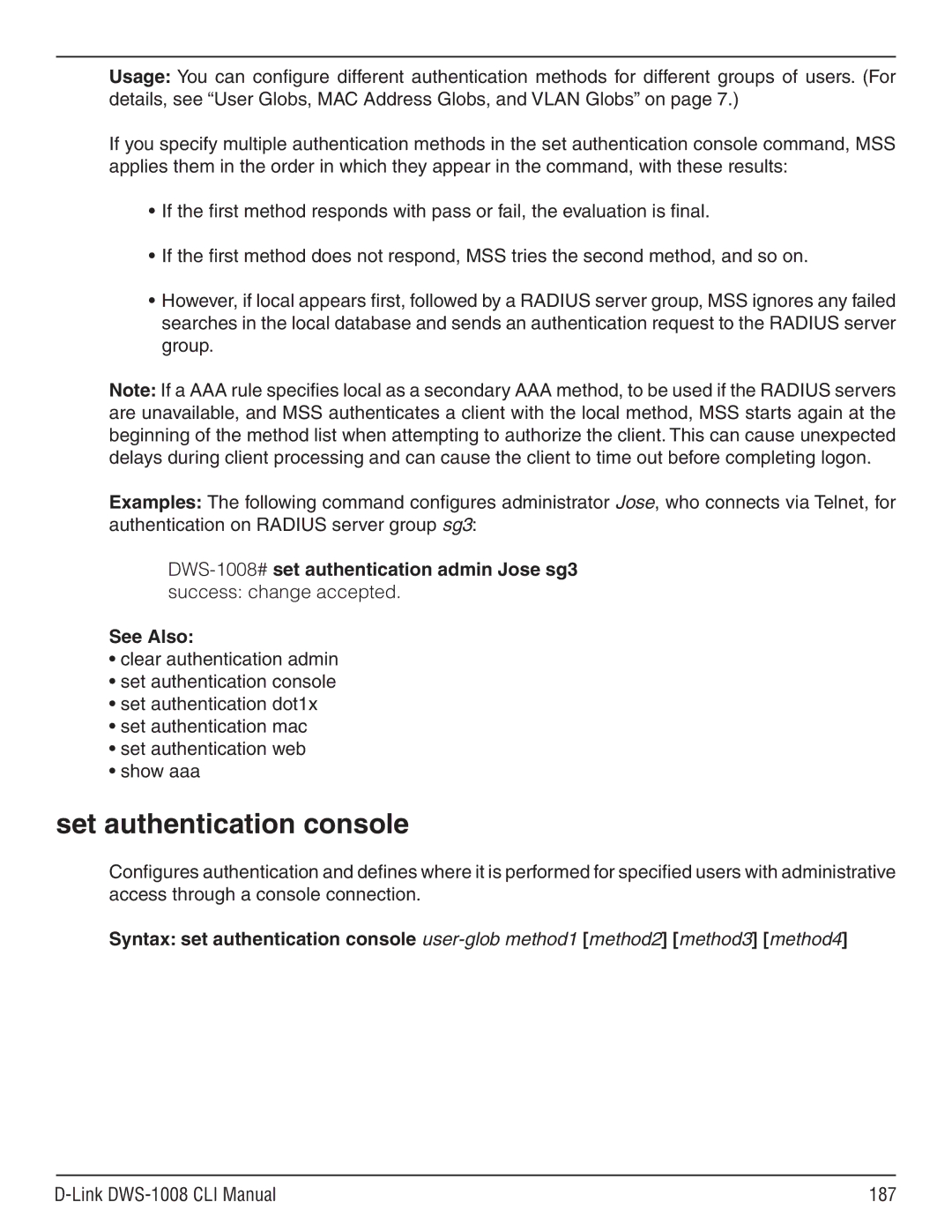 D-Link dws-1008 manual Set authentication console, Link DWS-1008 CLI Manual 187 