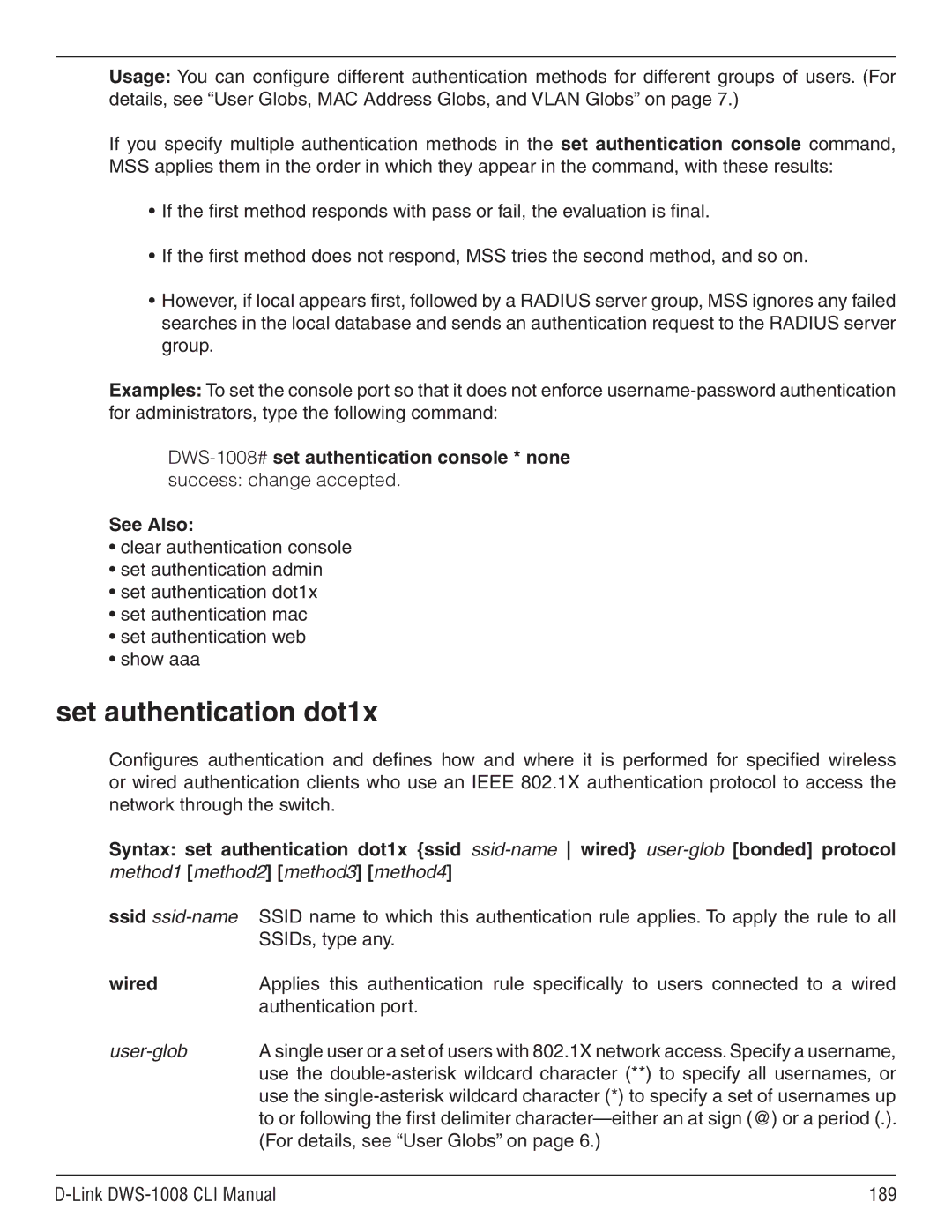 D-Link dws-1008 Set authentication dot1x, Authentication port, For details, see User Globs on Link DWS-1008 CLI Manual 189 