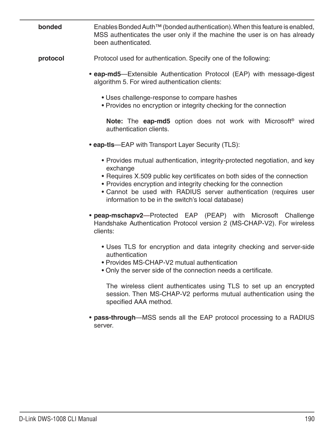 D-Link dws-1008 manual Bonded, Been authenticated, Protocol 