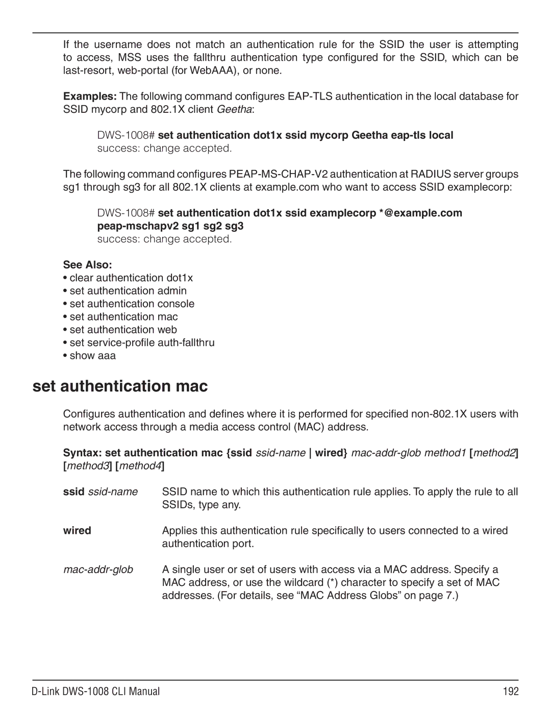 D-Link dws-1008 manual Set authentication mac, Authentication port, Link DWS-1008 CLI Manual 192 