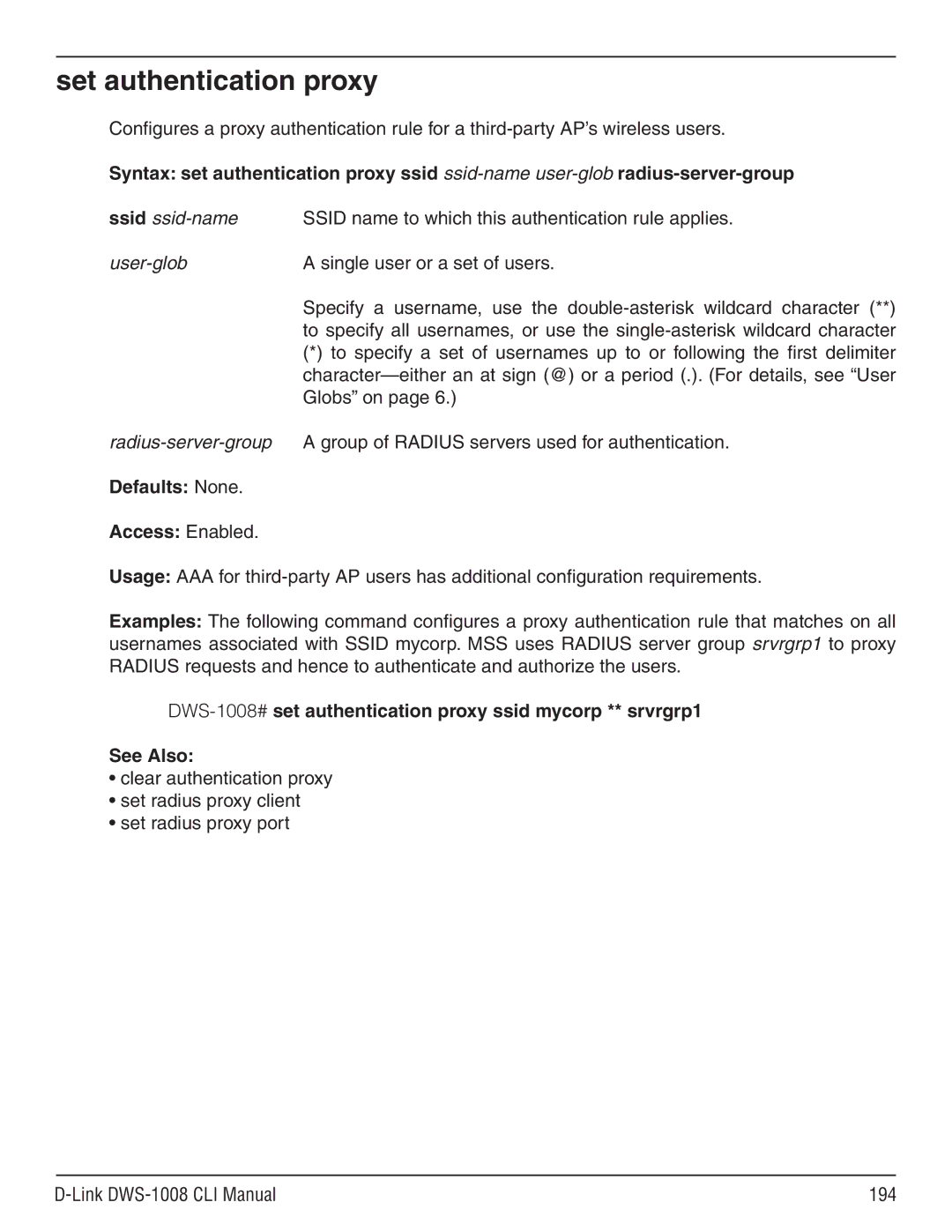 D-Link dws-1008 manual Set authentication proxy, User-glob Single user or a set of users 