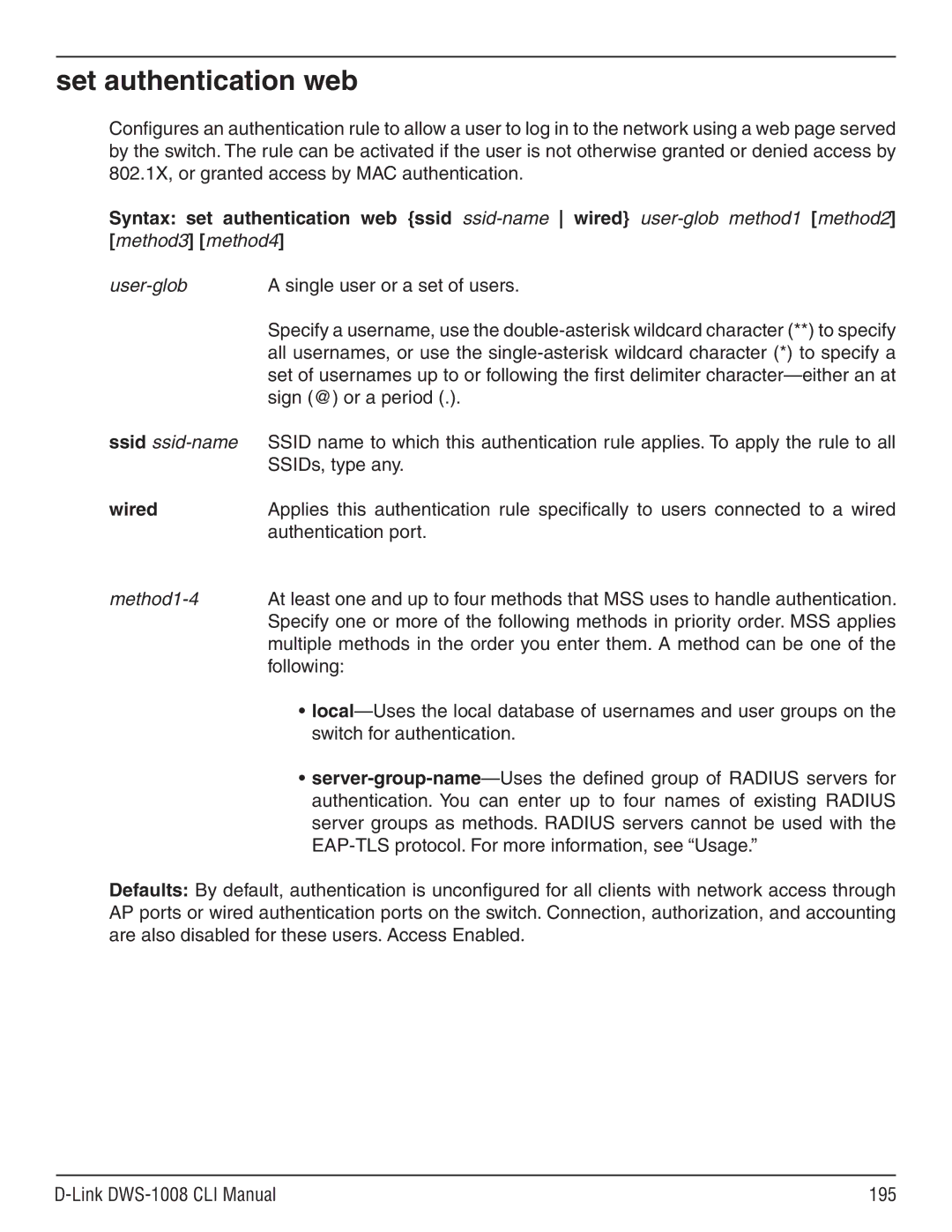 D-Link dws-1008 manual Set authentication web, Wired 