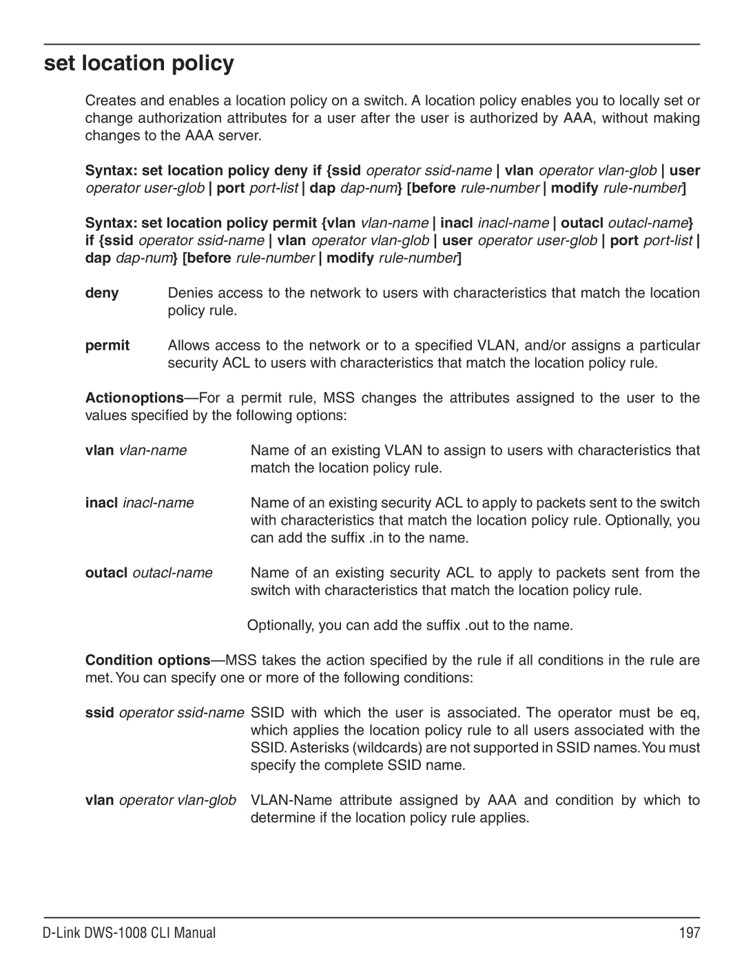 D-Link dws-1008 manual Set location policy 