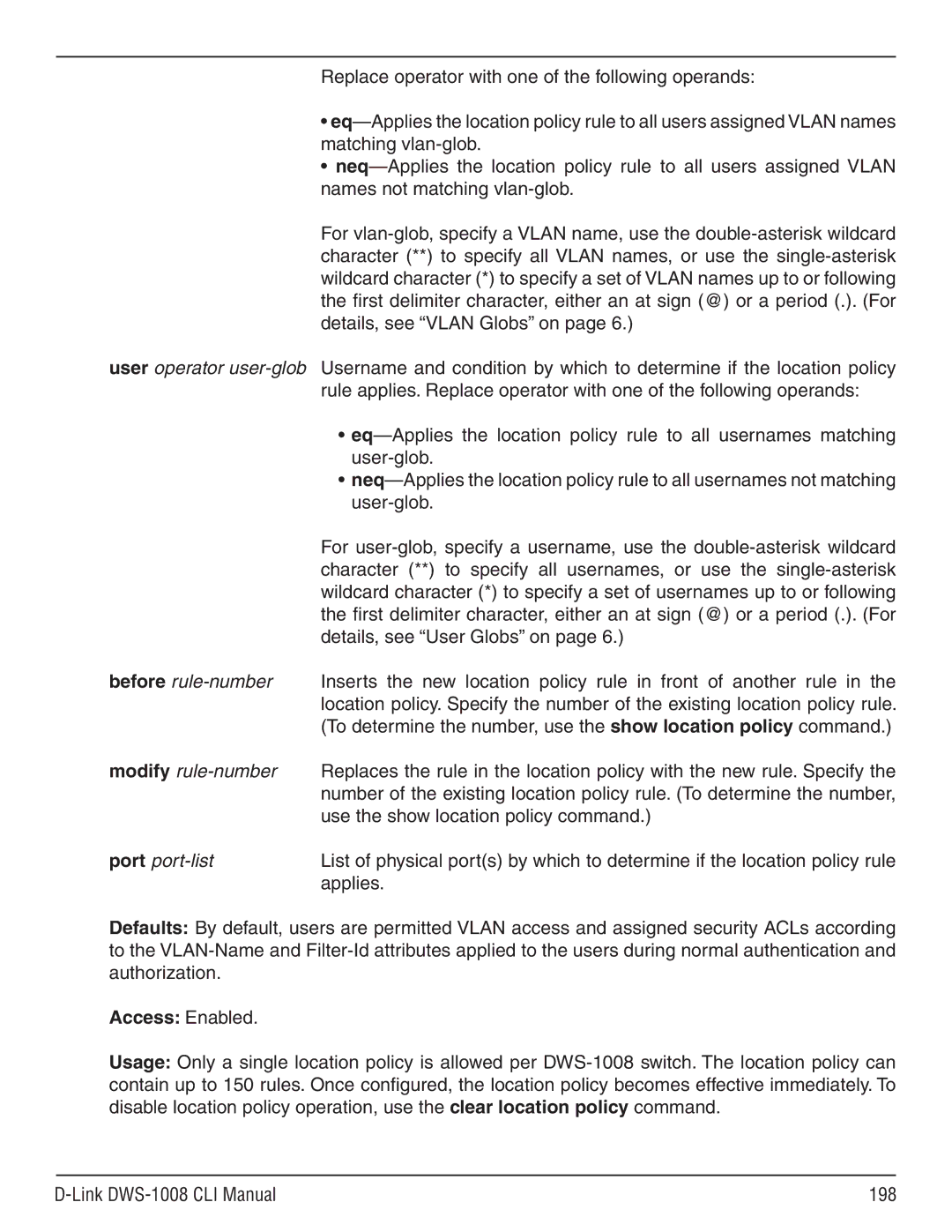 D-Link dws-1008 manual User operator user-glob, Before rule-number, Modify rule-number 