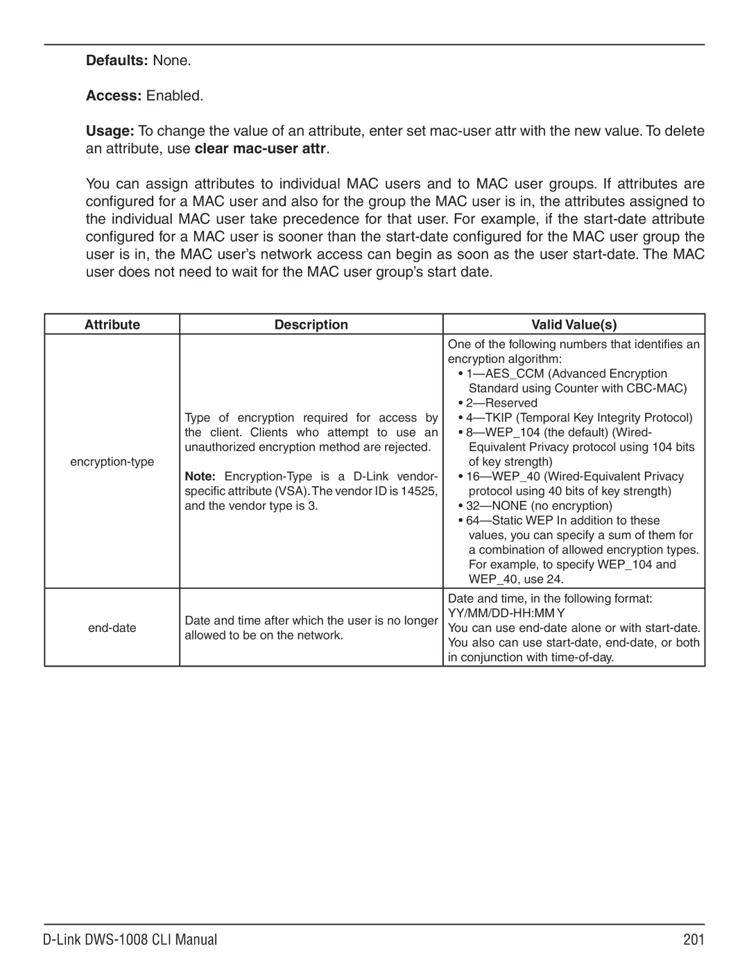 D-Link dws-1008 manual Link DWS-1008 CLI Manual 201, Attribute Description Valid Values 