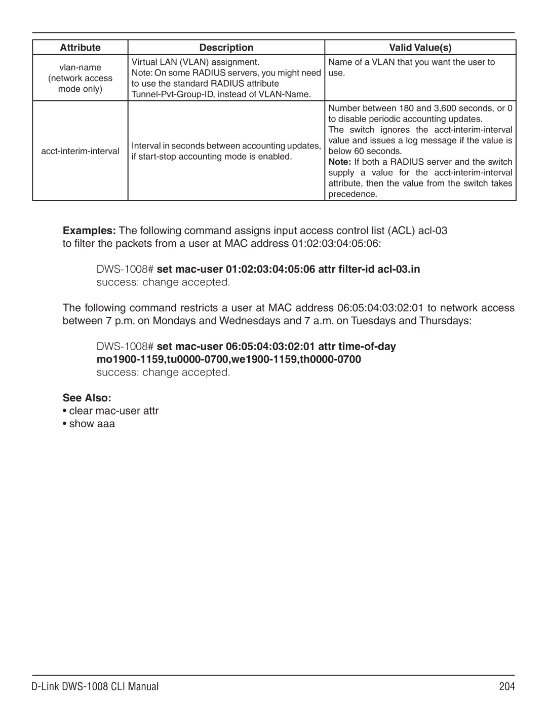 D-Link dws-1008 manual See Also, Clear mac-user attr Show aaa Link DWS-1008 CLI Manual 204 