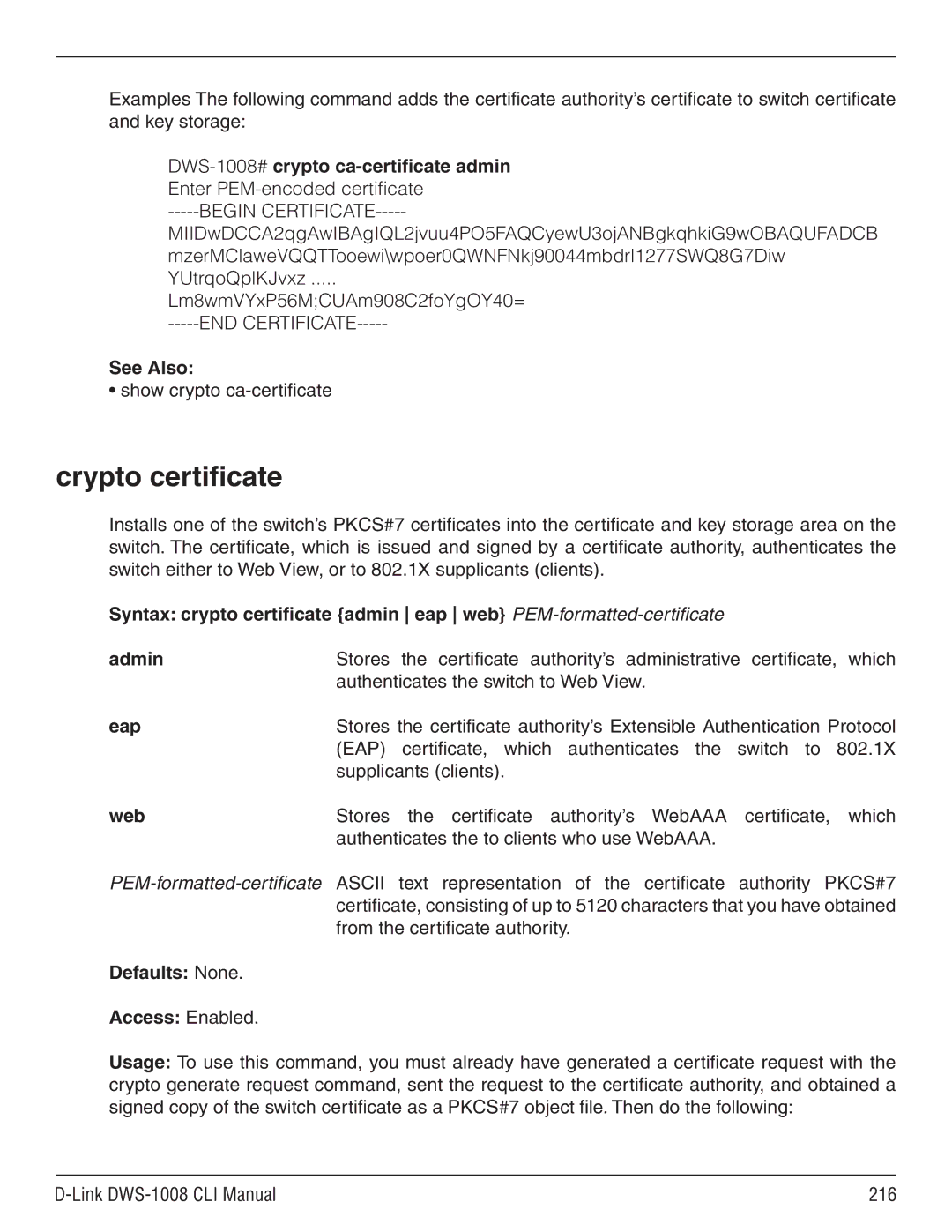 D-Link dws-1008 manual Crypto certificate, Begin Certificate 