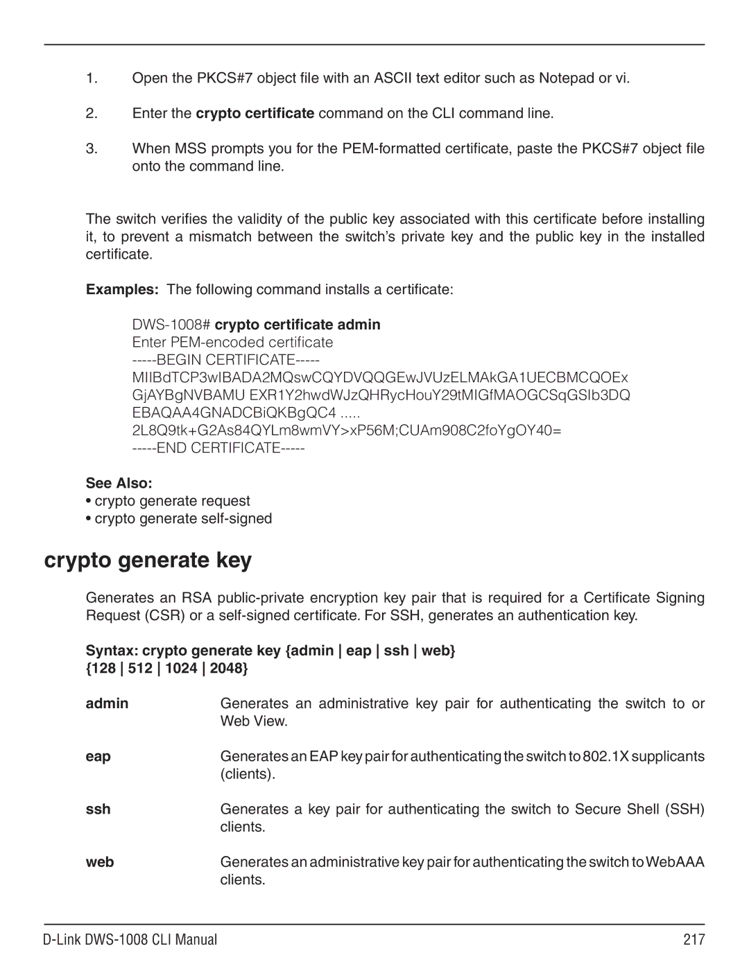 D-Link dws-1008 manual Crypto generate key, Ssh 