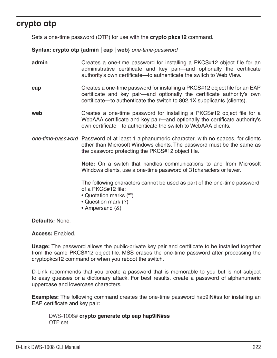 D-Link dws-1008 manual Crypto otp, Syntax crypto otp admin eap web one-time-password Admin, One-time-password 