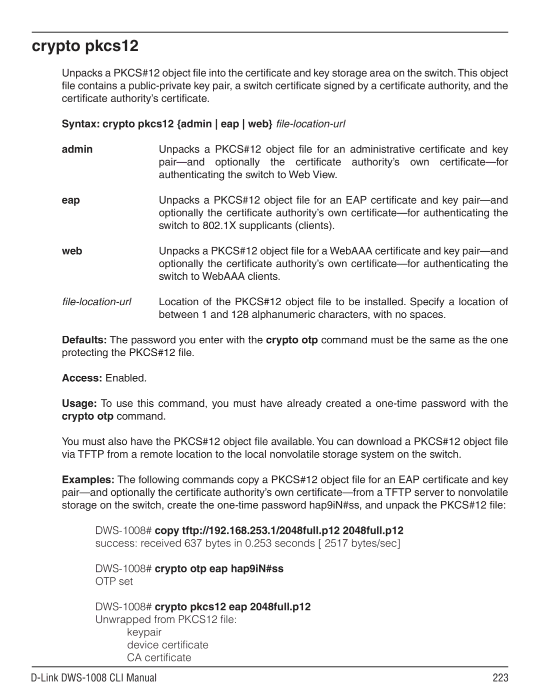 D-Link dws-1008 manual Crypto pkcs12, Syntax crypto pkcs12 admin eap web file-location-url, File-location-url 