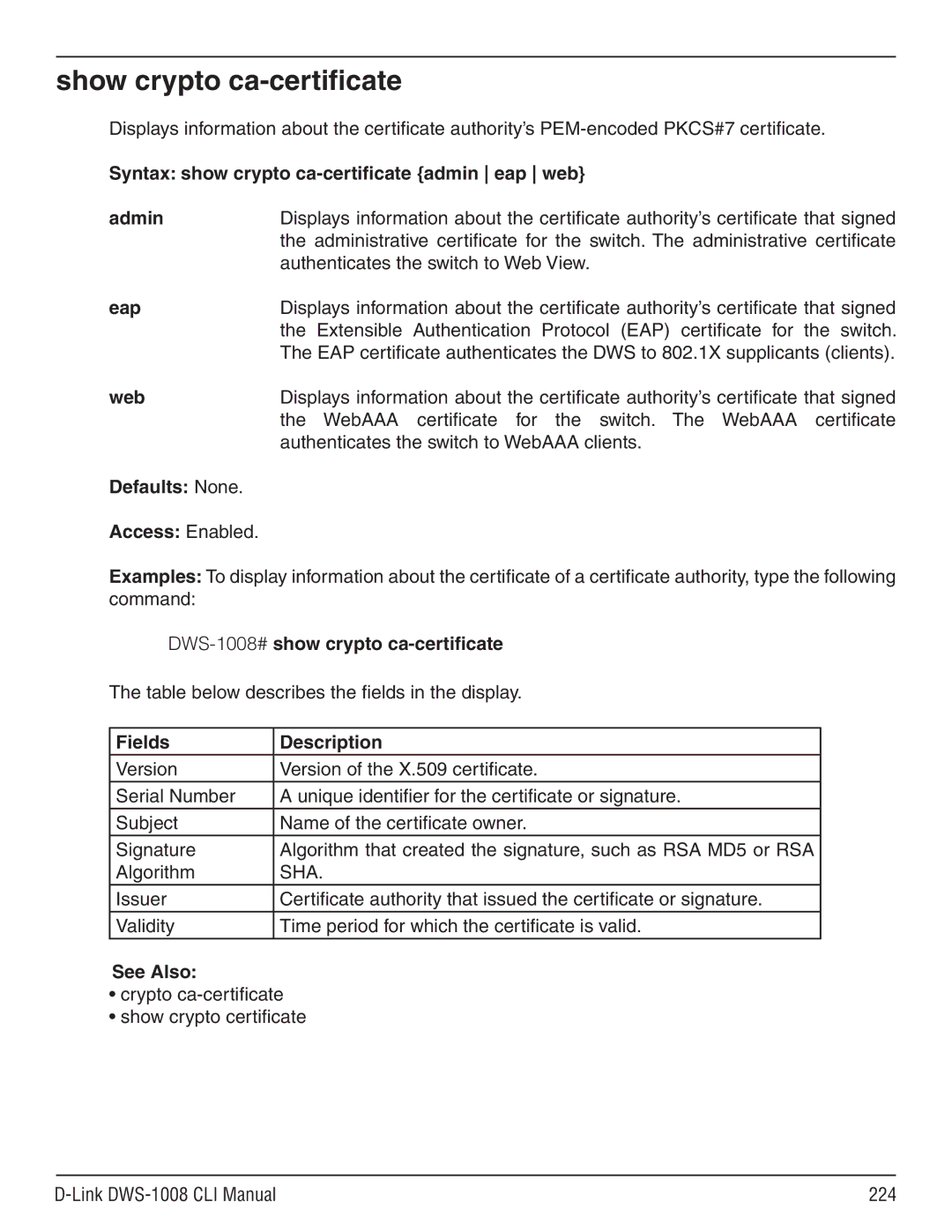 D-Link dws-1008 manual Show crypto ca-certificate, DWS-1008#show crypto ca-certificate, Fields Description, Sha 