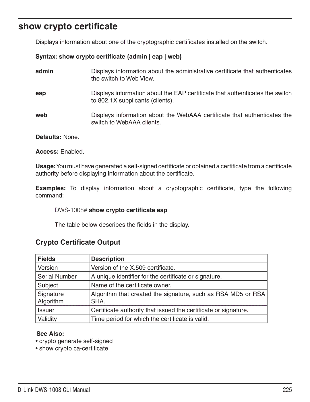 D-Link dws-1008 manual Show crypto certificate, DWS-1008#show crypto certificate eap 