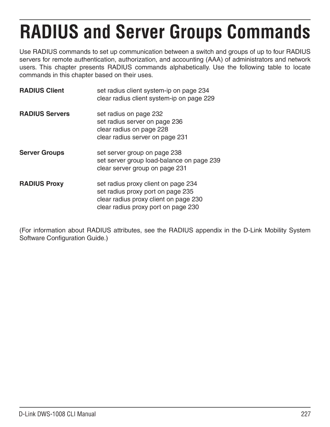 D-Link dws-1008 manual Radius Client, Radius Servers, Server Groups, Radius Proxy 