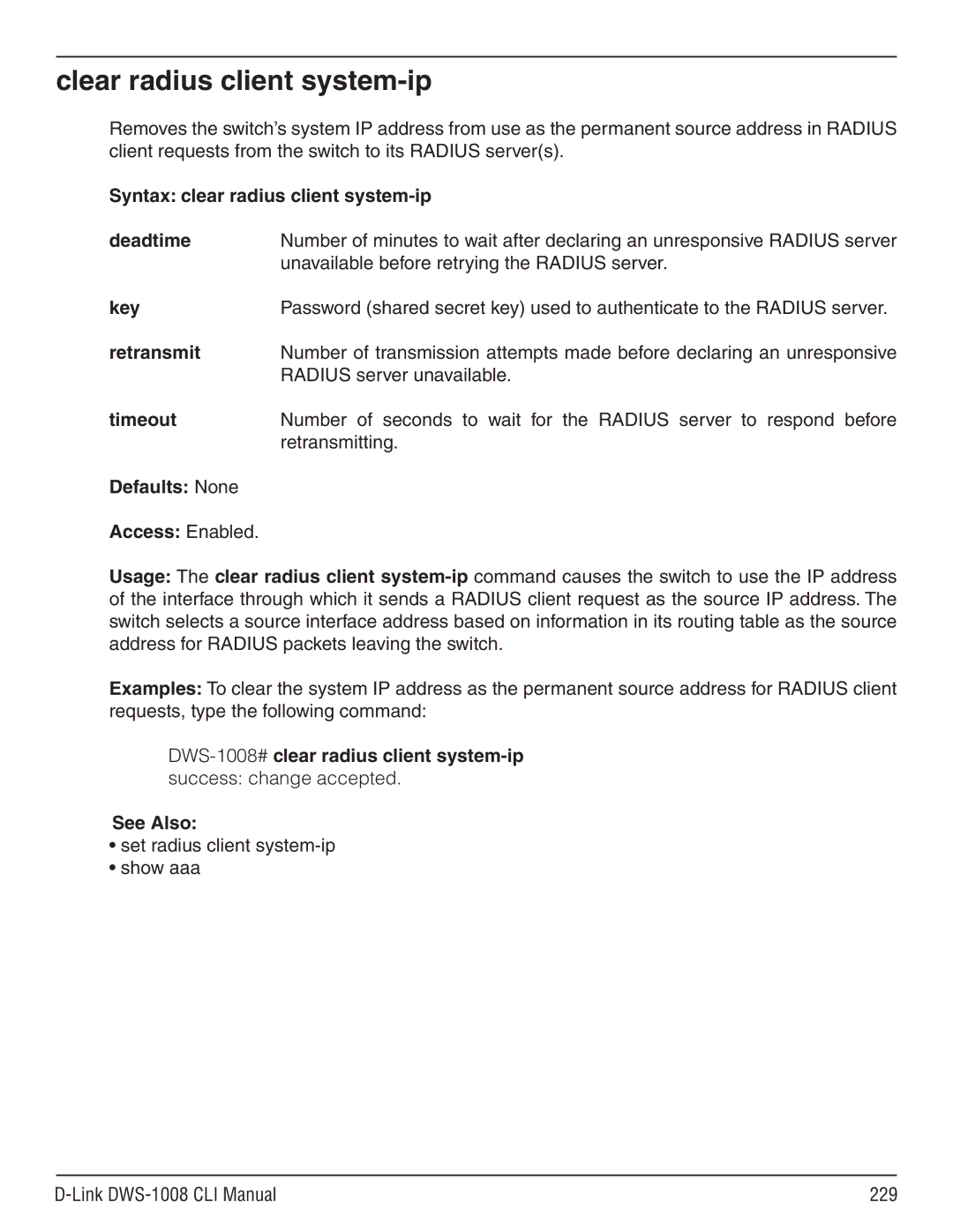 D-Link dws-1008 manual Clear radius client system-ip, See Also 