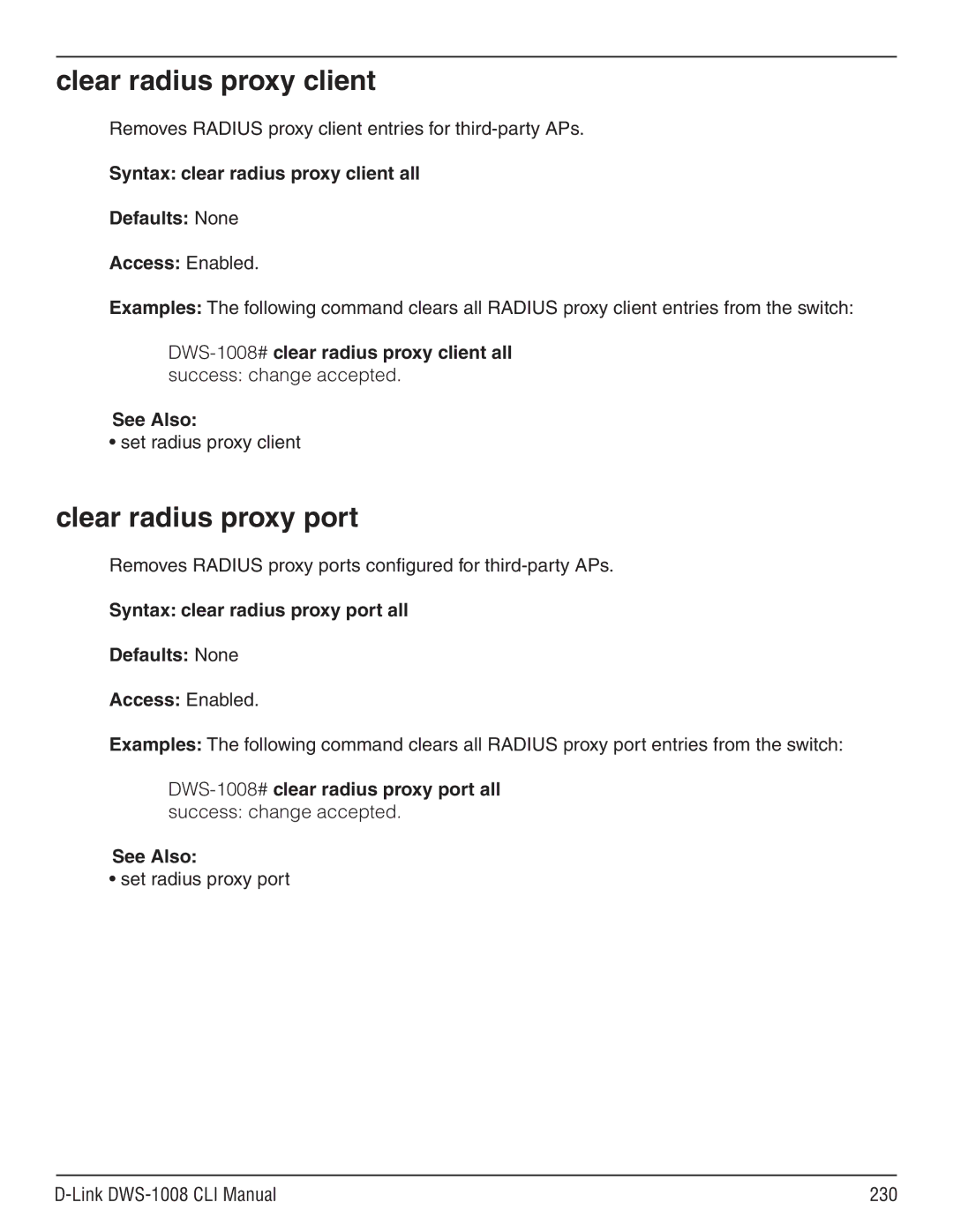 D-Link dws-1008 Clear radius proxy client, Clear radius proxy port, Set radius proxy port Link DWS-1008 CLI Manual 230 