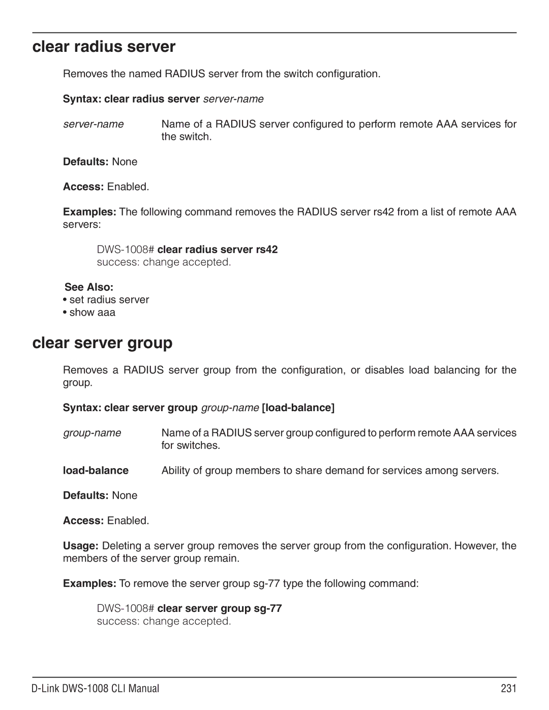 D-Link dws-1008 manual Clear radius server, Clear server group, Syntax clear radius server server-name, Load-balance 