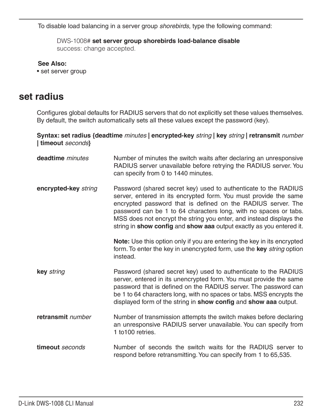 D-Link dws-1008 manual Set radius, Deadtime minutes, Encrypted-key string, Retransmit number, Timeout seconds 